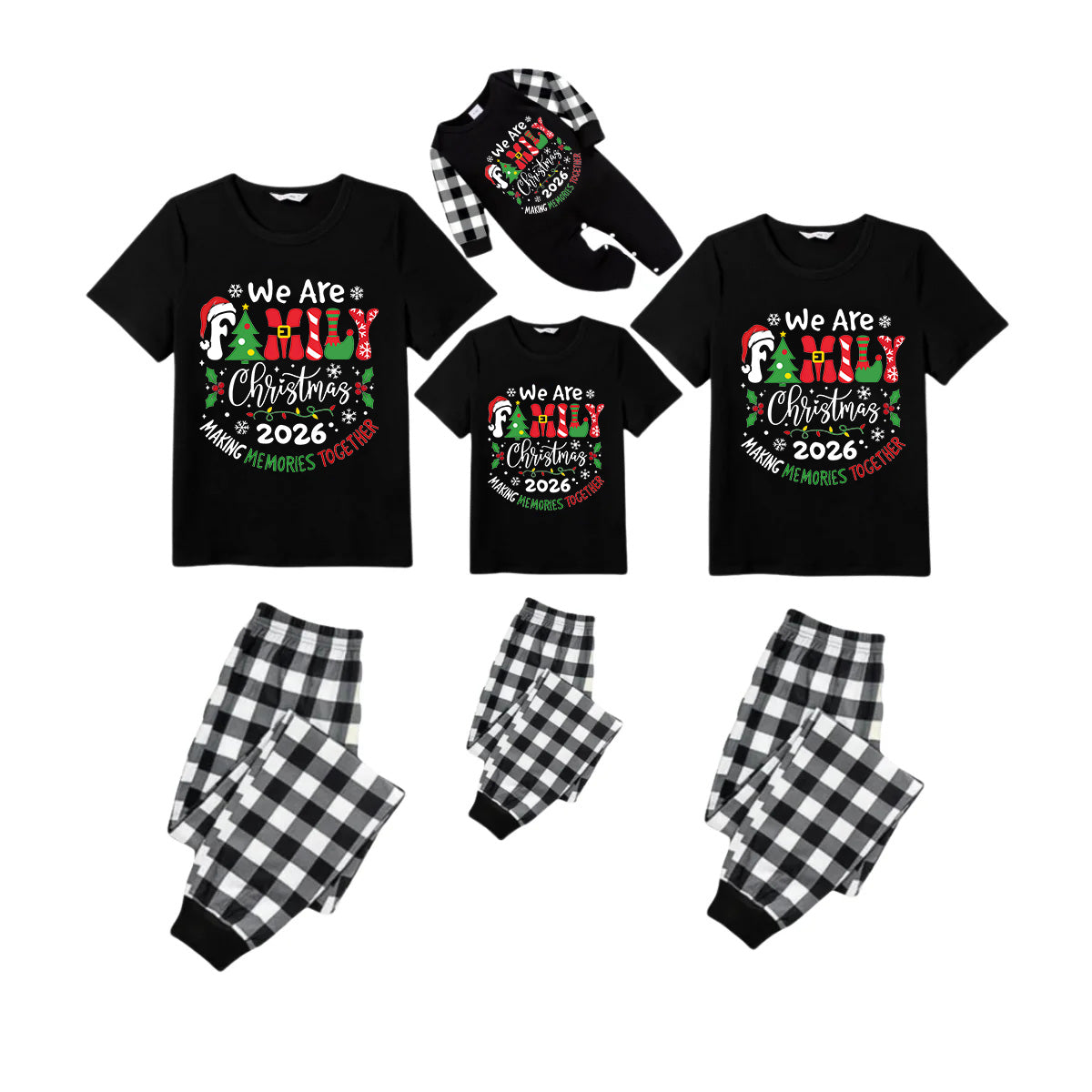 We Are Family Making Memories Together Christmas 2026 Pajamas Set - Black Top Black and White Plaid Pants Colorful Text Graphic