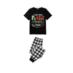 We Are Family Making Memories Together Christmas 2026 Pajamas Set - Black Top Black and White Plaid Pants Colorful Text Graphic