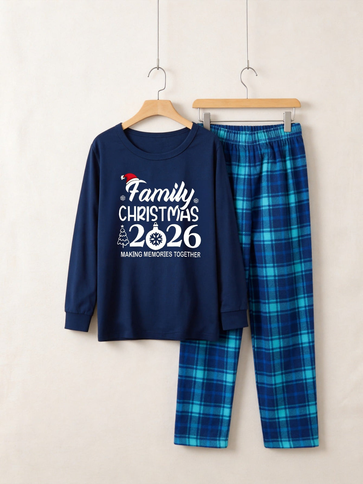 "Family Christmas 2026 " Text Print Blue Long Sleeve Top With Blue Plaid Family Matching Pajamas