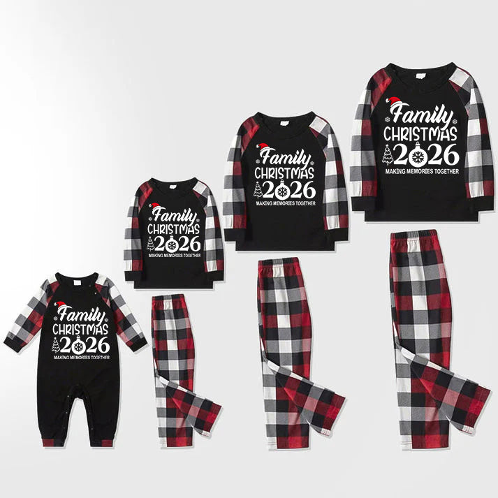 "FAMILY 2026 CHRISTMAS  MAKING MEMORIES TOGETHER " Text And Santa Hat Printed Pattern- Black Top with Red&Black&White Plaid Sleeves - Family Matching Pajamas