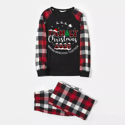 "FAMILY CHRISTMAS 2026" Text Printed and Santa Hat Pattern- Black Top with Red&Black&White Plaid Sleeves - Family Matching Pajamas