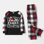 "2026 FAMILY CHRISTMAS " Text And Santa Hat Printed Pattern- Black Top with Red&Black&White Plaid Sleeves - Family Matching Pajamas