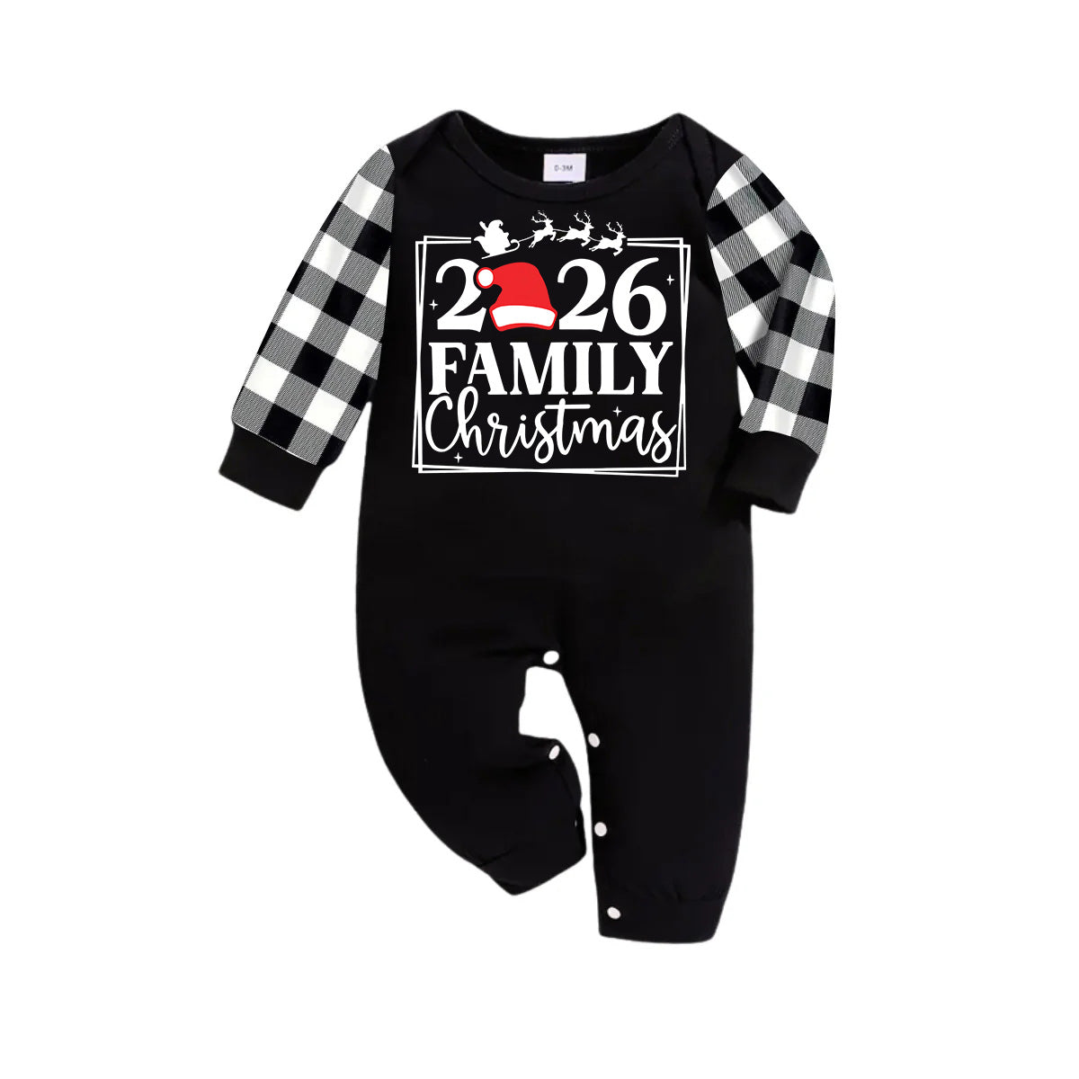 "2026 FAMILY CHRISTMAS" Text and Sleigh Pattern - Black Long Sleeve Top with Black And White Plaid Pants Family Matching Pajamas