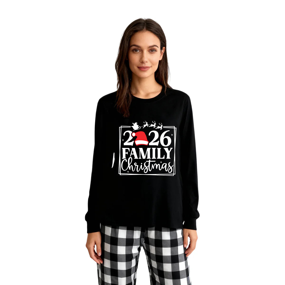 "2026 FAMILY CHRISTMAS" Text and Sleigh Pattern - Black Long Sleeve Top with Black And White Plaid Pants Family Matching Pajamas