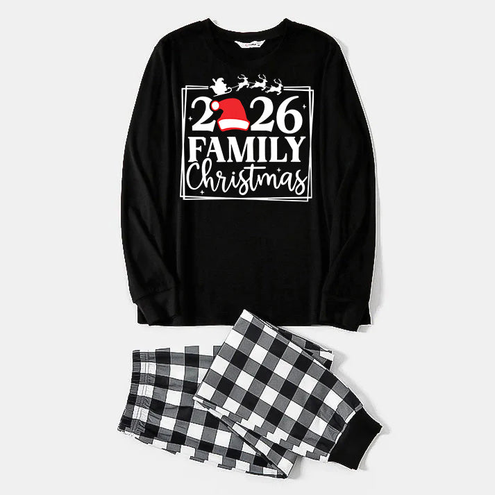 "2026 FAMILY CHRISTMAS" Text and Sleigh Pattern - Black Long Sleeve Top with Black And White Plaid Pants Family Matching Pajamas