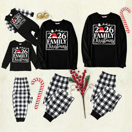 "2026 FAMILY CHRISTMAS" Text and Sleigh Pattern - Black Long Sleeve Top with Black And White Plaid Pants Family Matching Pajamas