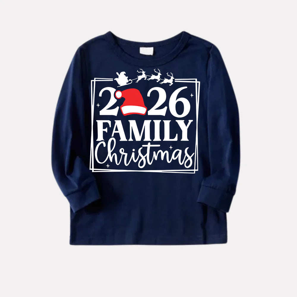 "2026 Family Christmas and Elk" Prints Blue Long Sleeves Top with Red and Blue Plaid Pants Christmas Matching Pajamas