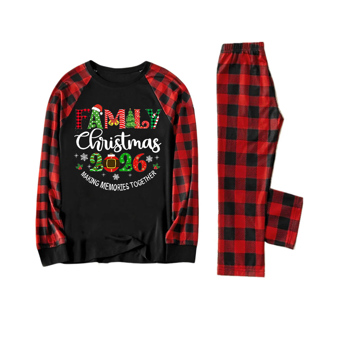 "Family Christmas 2026" Cute Print Black & Red Plaid Christmas Matching Pajamas