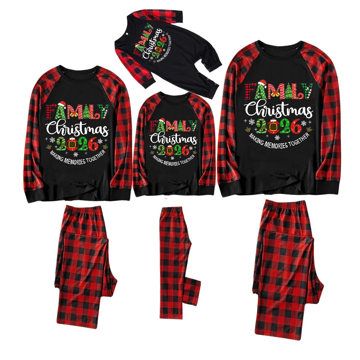 "Family Christmas 2026" Cute Print Black & Red Plaid Christmas Matching Pajamas