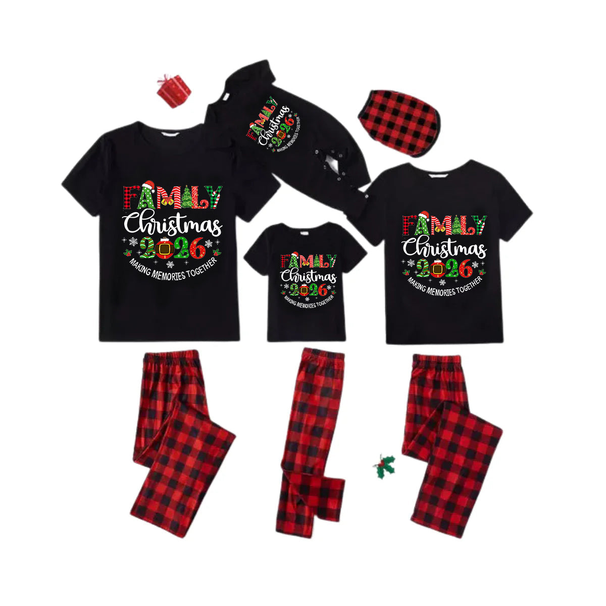 Family Christmas 2026 Family Pajamas Set - Black Top Red Pants Red Plaid Pattern Christmas Letter Print
