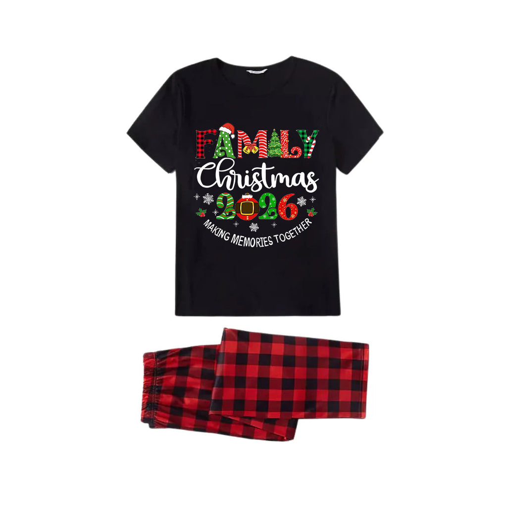 Family Christmas 2026 Family Pajamas Set - Black Top Red Pants Red Plaid Pattern Christmas Letter Print