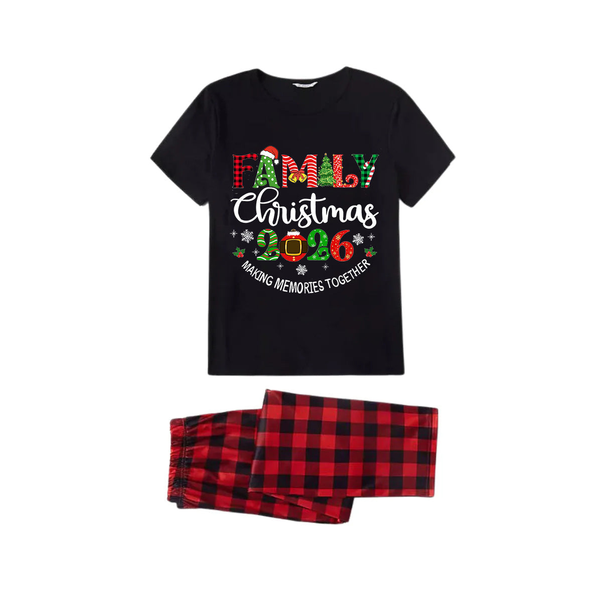 Family Christmas 2026 Family Pajamas Set - Black Top Red Pants Red Plaid Pattern Christmas Letter Print