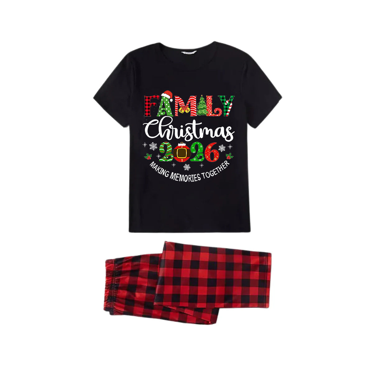 Family Christmas 2026 Family Pajamas Set - Black Top Red Pants Red Plaid Pattern Christmas Letter Print