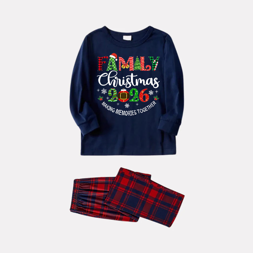 Cute "Family Christmas 2026" Text Prints Blue Long Sleeves Top with Red and Blue Plaid Pants Christmas Matching Pajamas