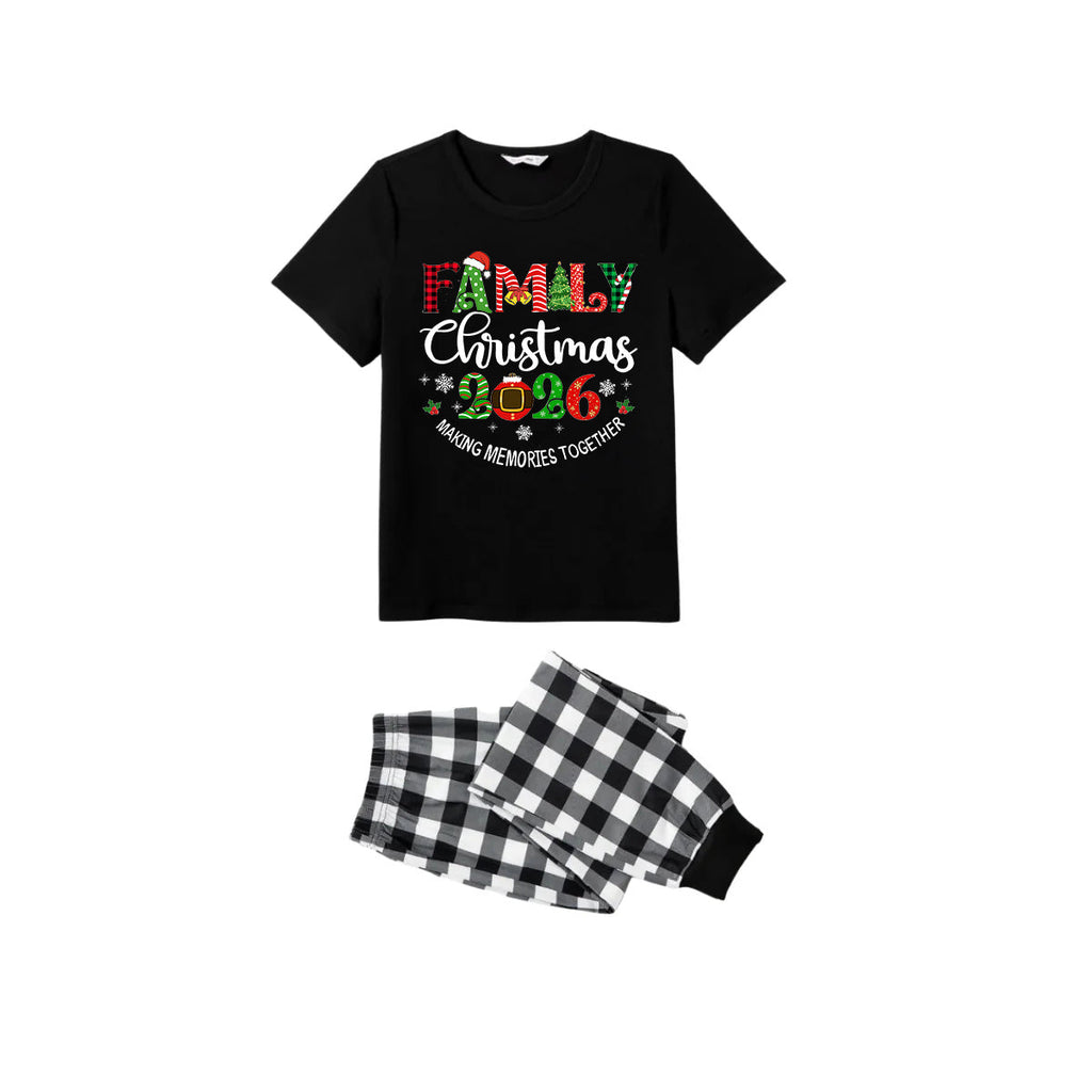 Making Memories Together Family Christmas 2026 Pajamas Set - Black Top Black and White Plaid Pants Colorful Christmas Graphic