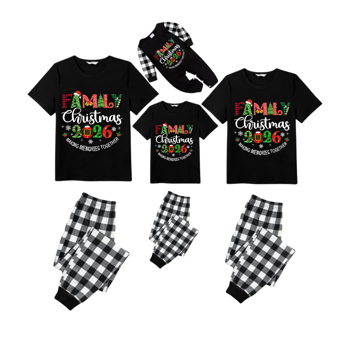 Making Memories Together Family Christmas 2026 Pajamas Set - Black Top Black and White Plaid Pants Colorful Christmas Graphic