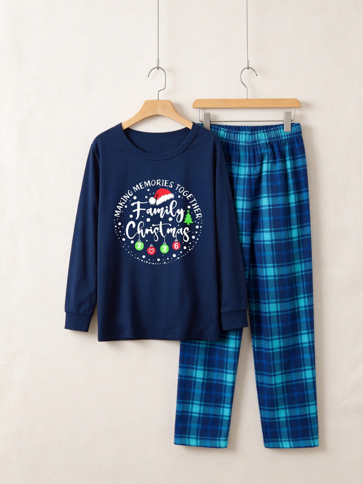 "MAKING MEMORIES TOGETHER FAMILY CHRISTMAS 2026" Text Pattern - Blue Long Sleeve Top With Blue Plaid Family Matching Pajamas