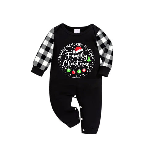 "MAKING MEMORIES TOGETHER FAMILY CHRISTMAS 2026" Text Pattern - Black Long Sleeve Top with Black And White Plaid Pants Family Matching Pajamas