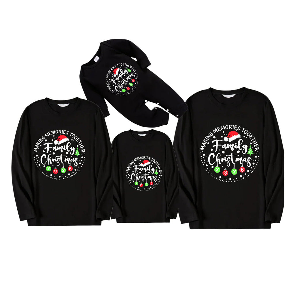 "Making Memories Together Family Christmas 2026" Circle Colorful Text Pattern Black Long Sleeve Top
