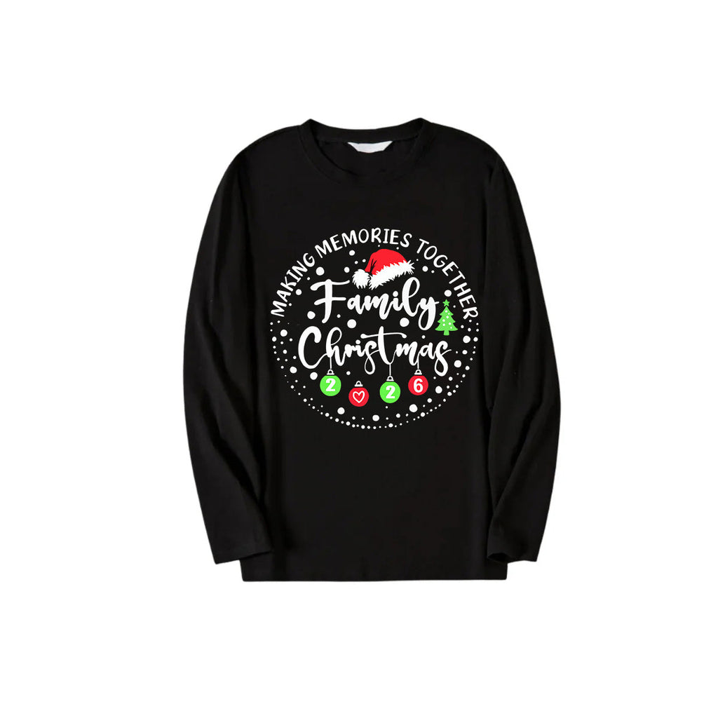 "Making Memories Together Family Christmas 2026" Circle Colorful Text Pattern Black Long Sleeve Top