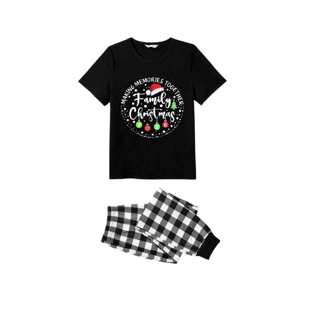 Making Memories Together Family Christmas 2026 Pajamas Set - Black Top Black and White Plaid Pants White Text Graphic