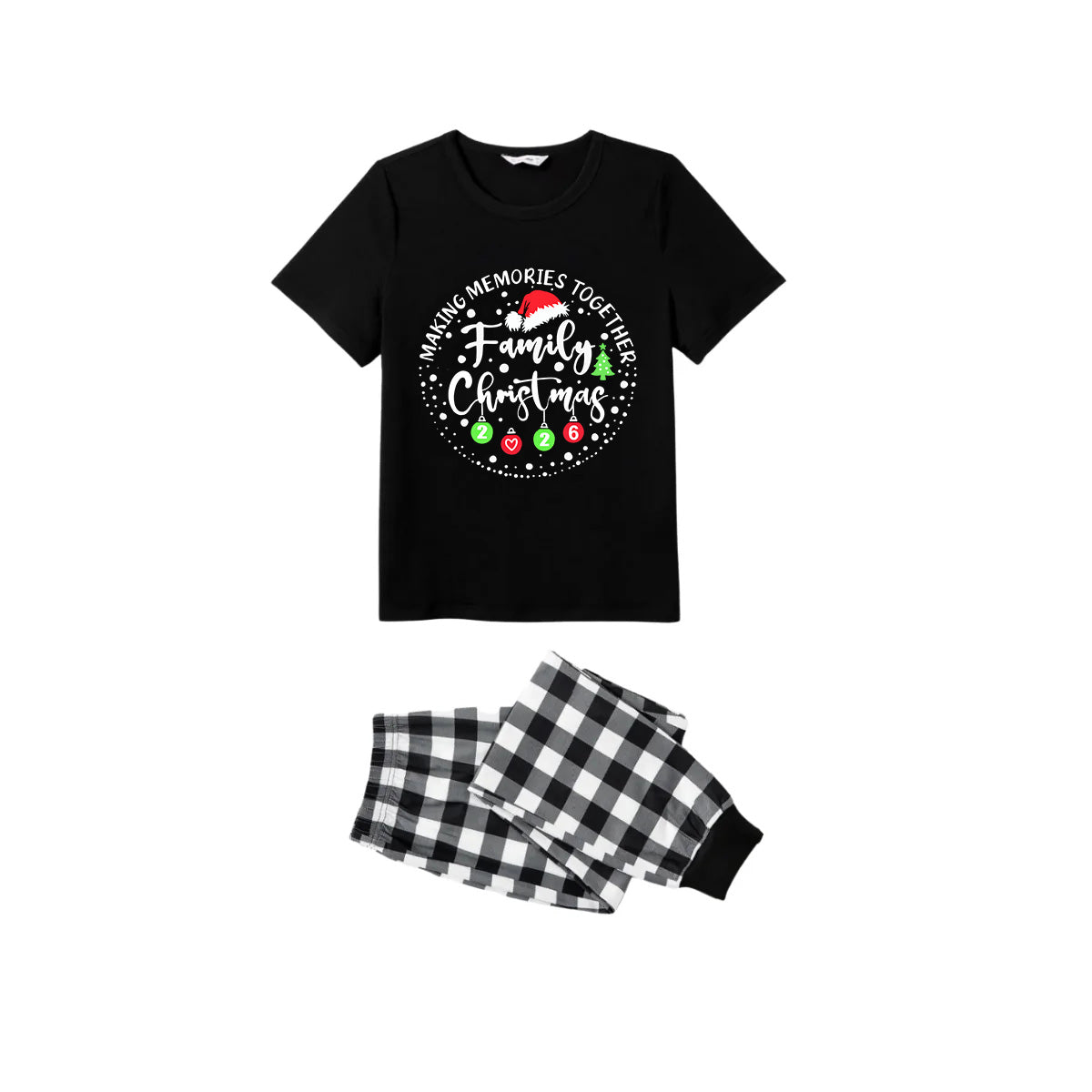 Making Memories Together Family Christmas 2026 Pajamas Set - Black Top Black and White Plaid Pants White Text Graphic