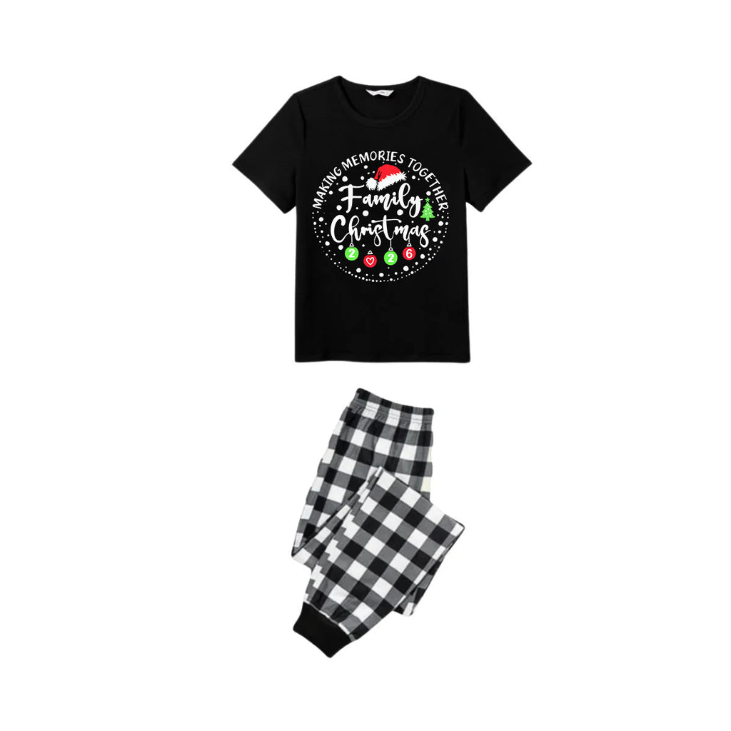 Making Memories Together Family Christmas 2026 Pajamas Set - Black Top Black and White Plaid Pants White Text Graphic