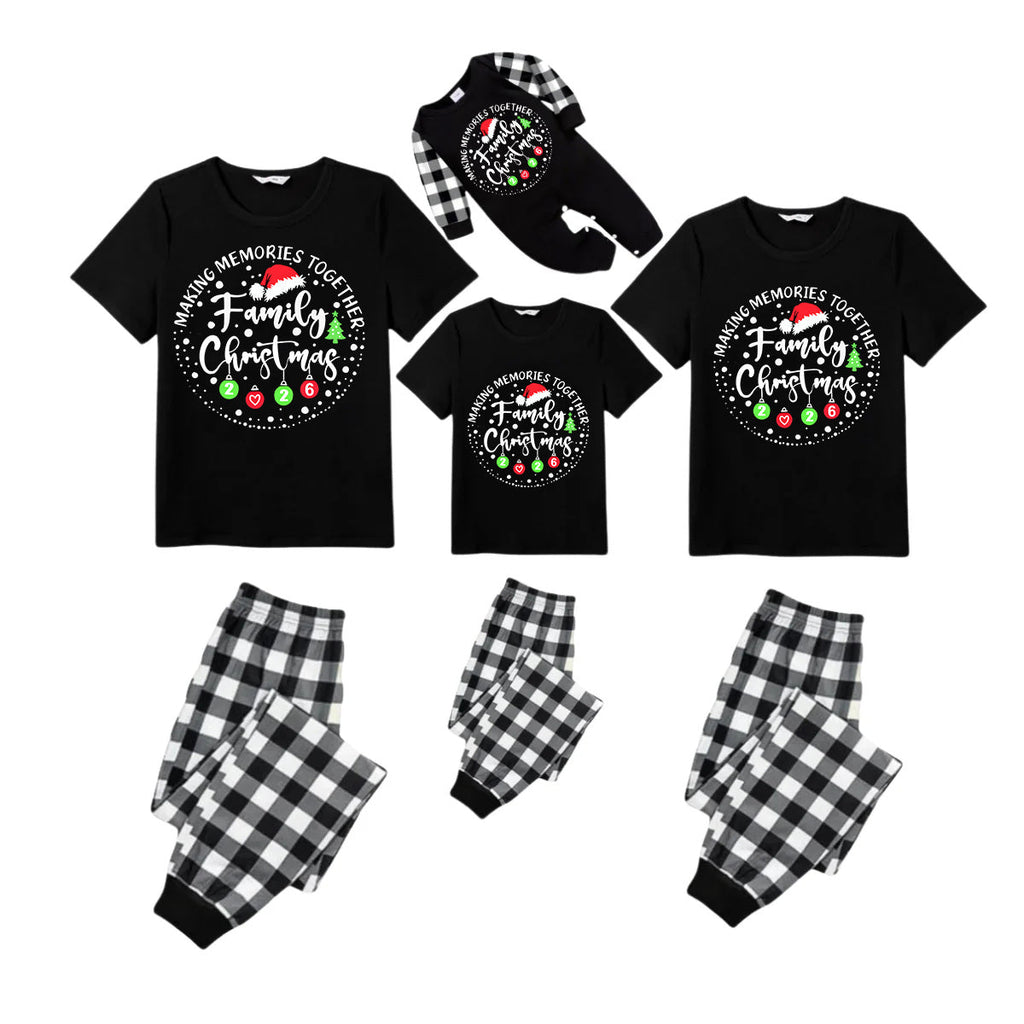 Making Memories Together Family Christmas 2026 Pajamas Set - Black Top Black and White Plaid Pants White Text Graphic