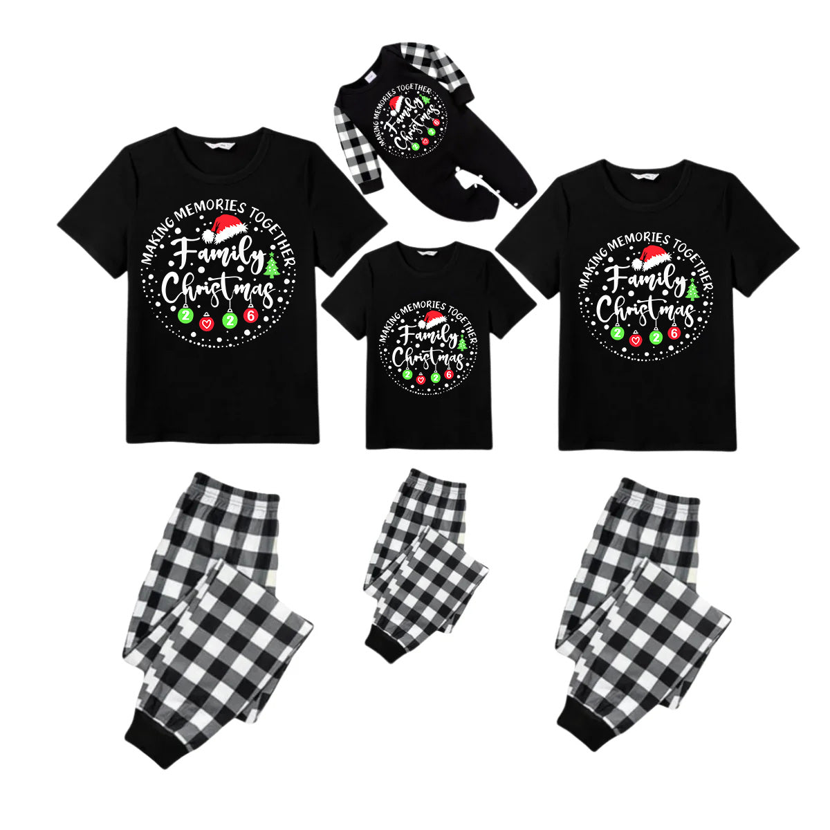 Making Memories Together Family Christmas 2026 Pajamas Set - Black Top Black and White Plaid Pants White Text Graphic