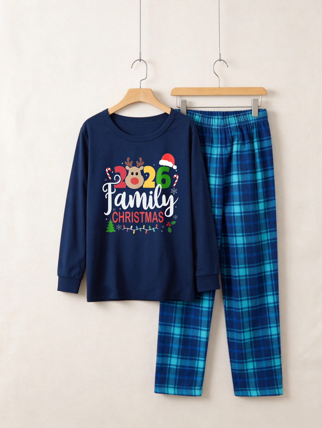 "Family Christmas 2026" Text and Deer Prints Blue Long Sleeve Top With Blue Plaid Family Matching Pajamas