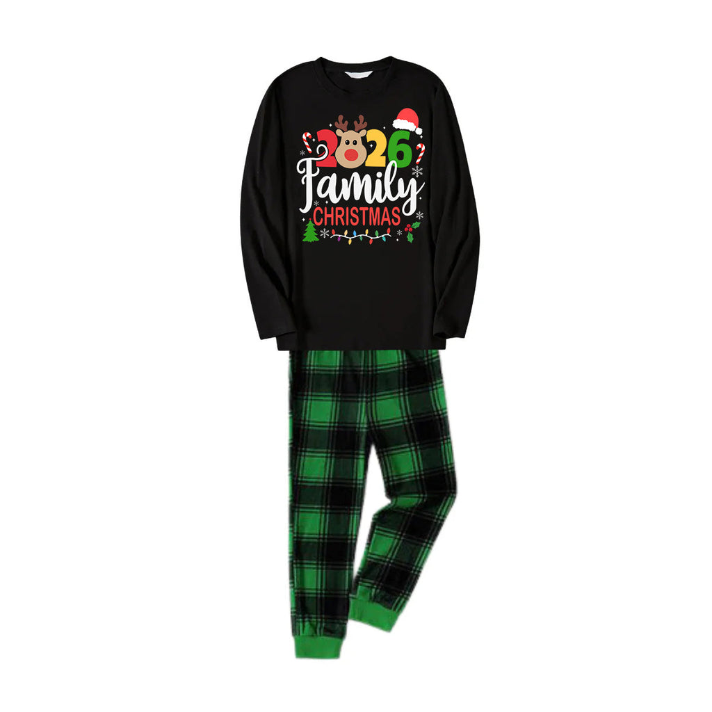 Cute Deer and "Family Christmas 2026" Print Black and Green Plaid Family Matching Pajamas