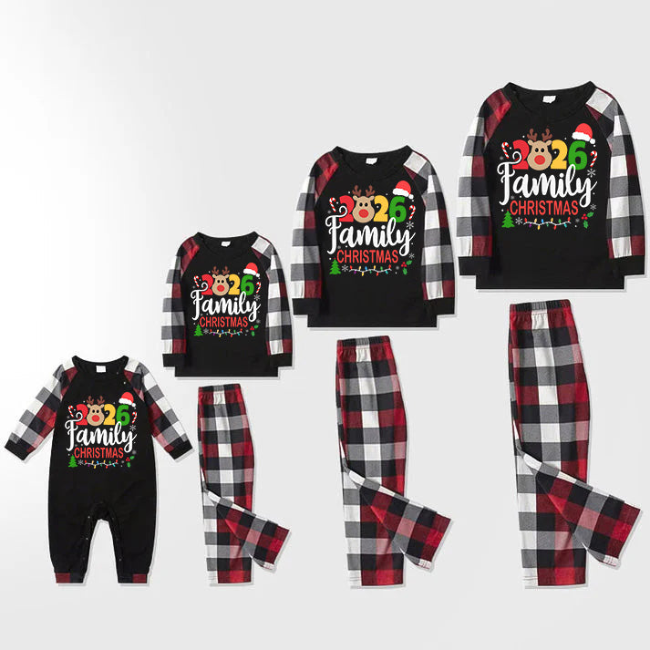 "2026 FAMILY CHRISTMAS " Colorful Text And Deer & Snowflake Printed Pattern - Black Top with Red&Black&White Plaid Sleeves - Family Matching Pajamas