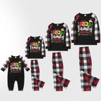 "2026 FAMILY CHRISTMAS " Colorful Text And Deer & Snowflake Printed Pattern - Black Top with Red&Black&White Plaid Sleeves - Family Matching Pajamas