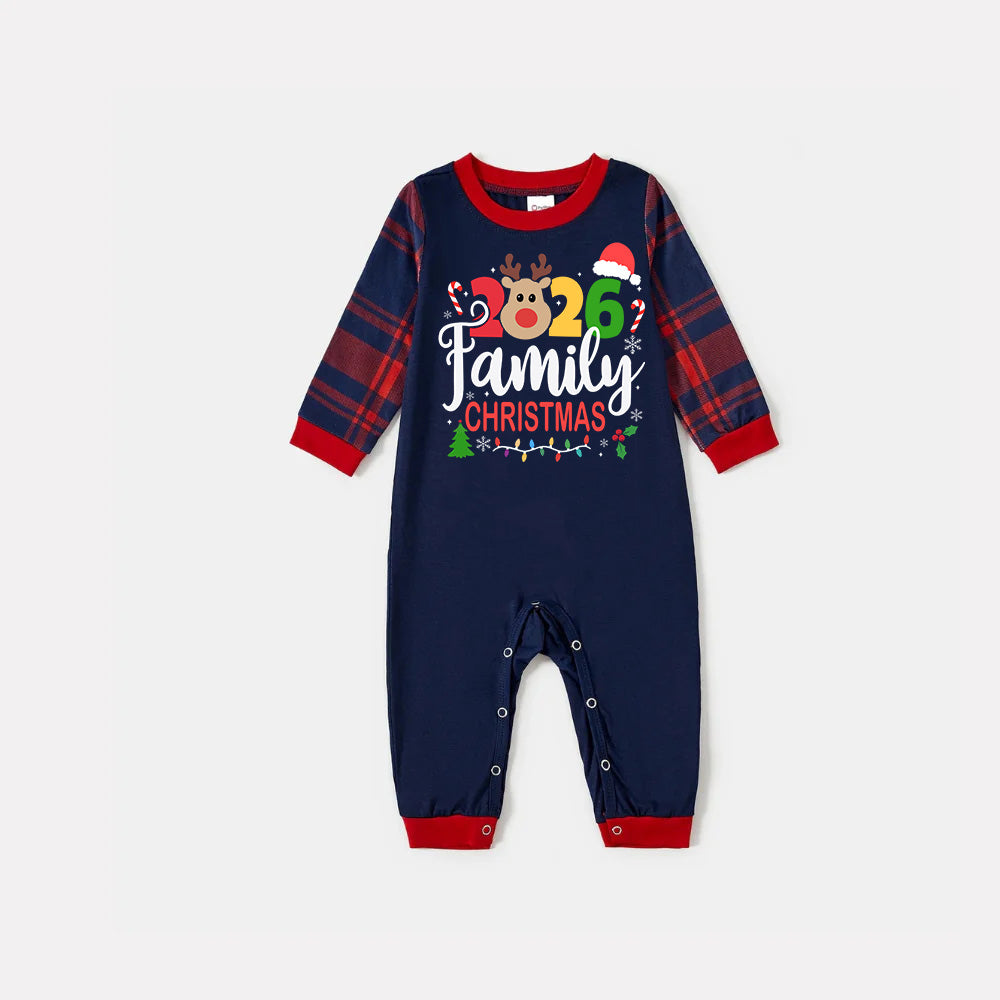 "Family Christmas 2026" Text and Deer Prints Blue Long Sleeves Top with Red and Blue Plaid Pants Christmas Matching Pajamas