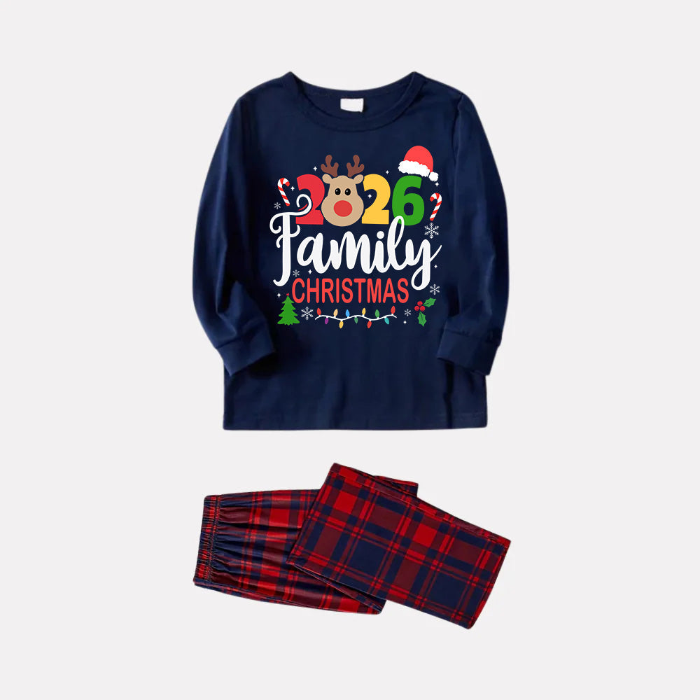 "Family Christmas 2026" Text and Deer Prints Blue Long Sleeves Top with Red and Blue Plaid Pants Christmas Matching Pajamas
