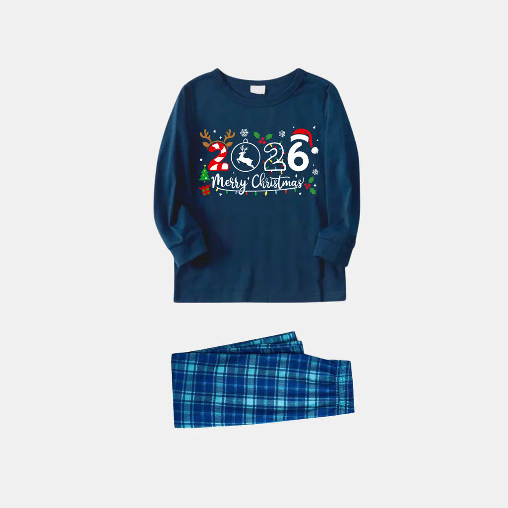 "Merry Christmas 2026" Text Prints Blue Long Sleeve Top With Blue Plaid Family Matching Pajamas