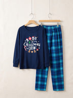 2026 Christmas Crew Making Memories Together Text Print Blue Long Sleeve Top With Blue Plaid Family Matching Pajamas