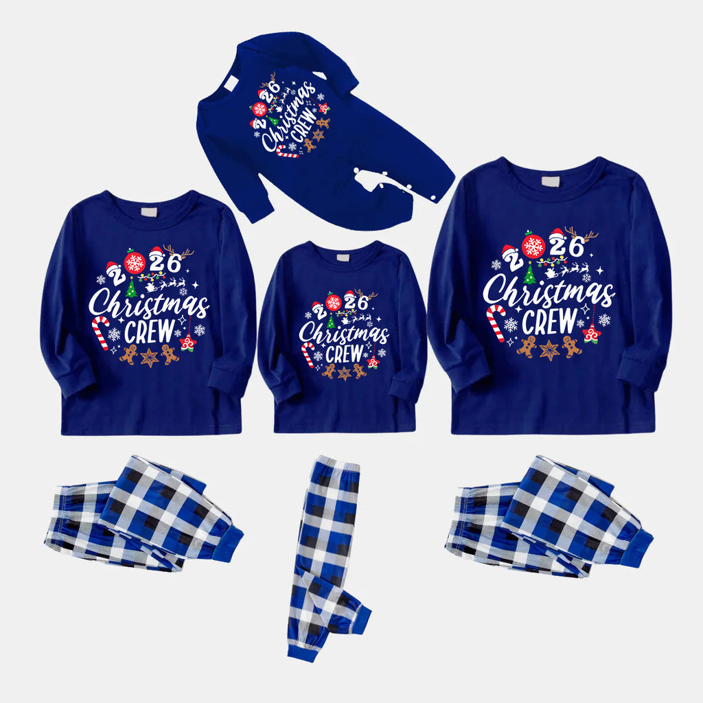 "2026 Christmas Crew" Text and Christmas Pattern Printed Blue and White Plaid Family Matching Pajamas