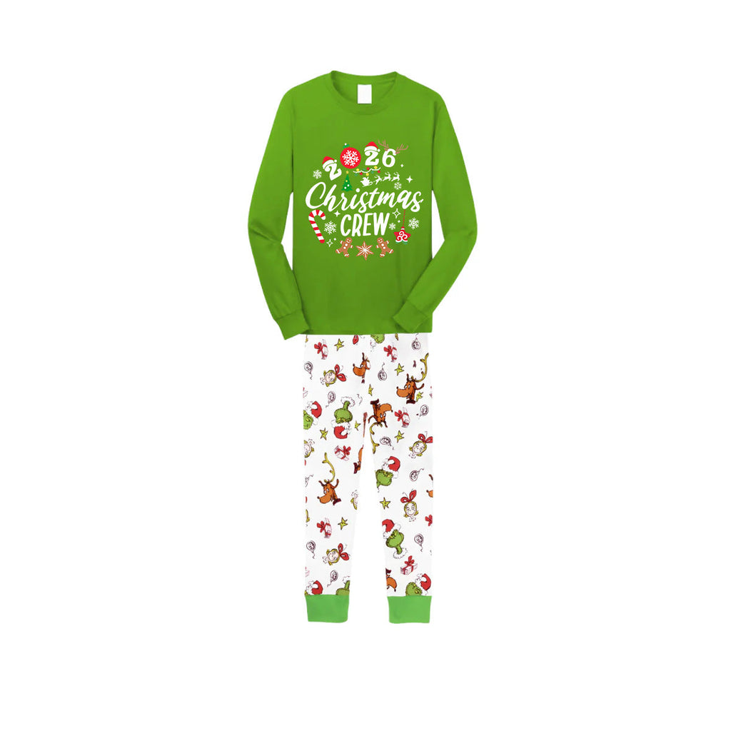 Christmas Crew 2026 Family Pajamas Set - Green Top, White Pants, White Cartoon Animal Print Sleeves, Gingerbread Candy Print