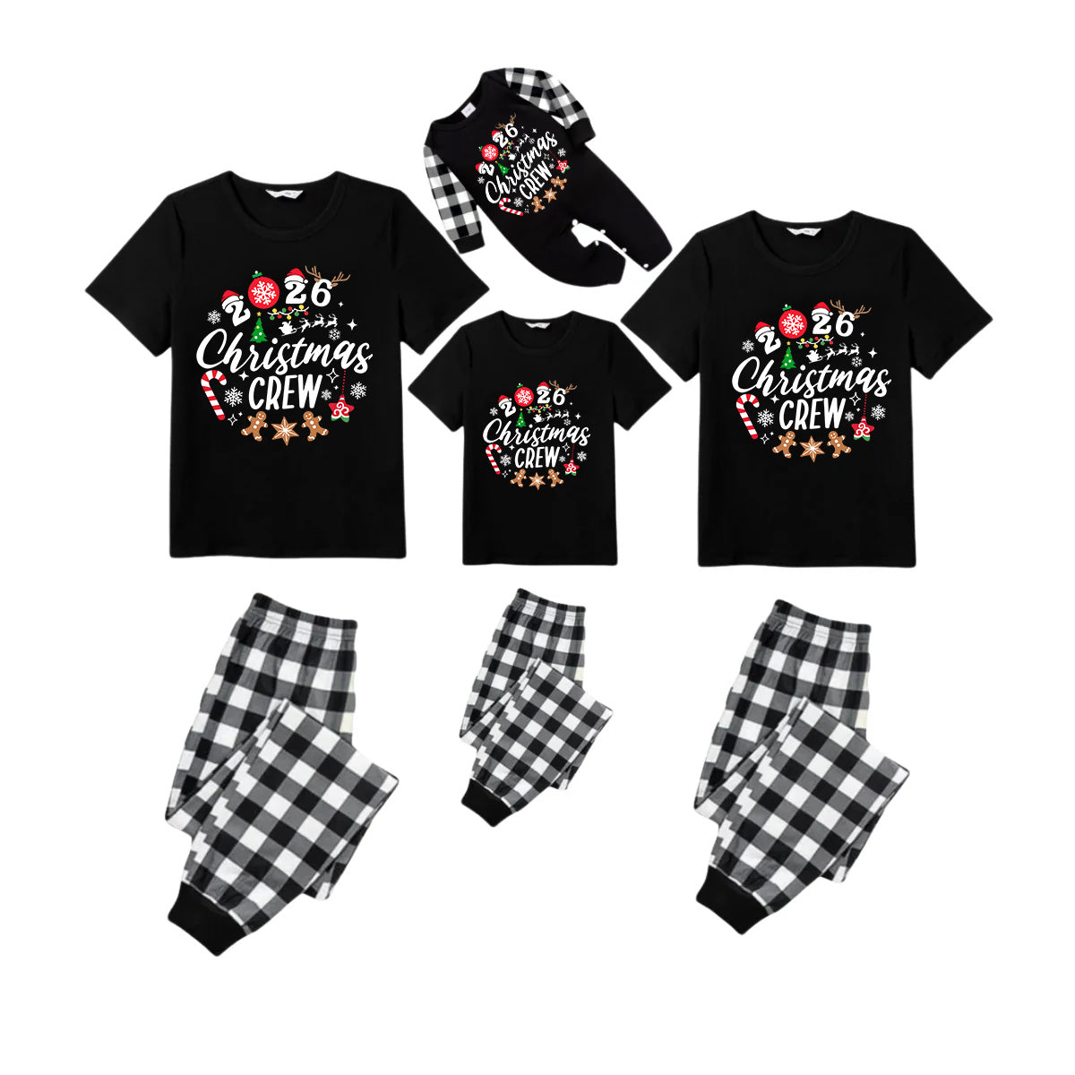 Christmas Crew 2026 Family Pajamas Set - Black Top Black and White Plaid Pants Candy Cane and Cookies Graphic