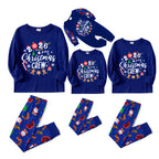 Christmas Crew 2026 Family Pajamas Set - Blue Top, Blue Pants, Blue Christmas Cartoon Sleeves, Gingerbread Candy Print