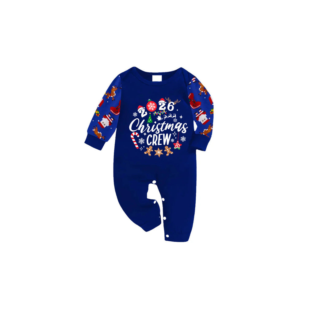 Christmas Crew 2026 Family Pajamas Set - Blue Top, Blue Pants, Blue Christmas Cartoon Sleeves, Gingerbread Candy Print