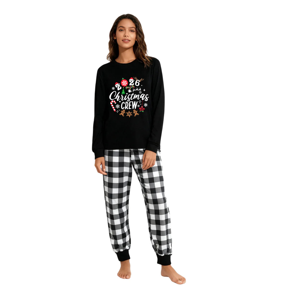 2026 Christmas Crew Making Memories Together Text Print Black Long Sleeve Top with Black And White Plaid Pants Family Matching Pajamas