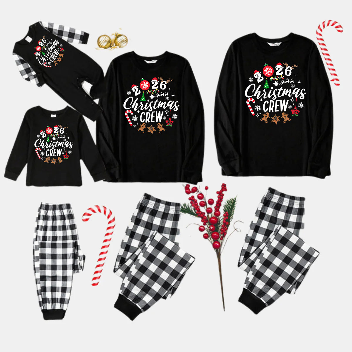 2026 Christmas Crew Making Memories Together Text Print Black Long Sleeve Top with Black And White Plaid Pants Family Matching Pajamas