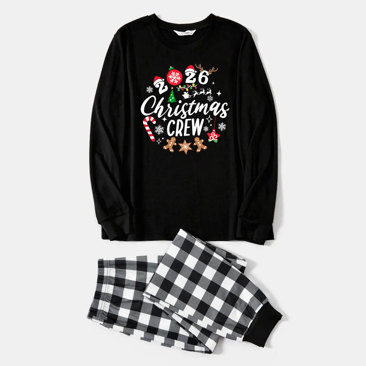2026 Christmas Crew Making Memories Together Text Print Black Long Sleeve Top with Black And White Plaid Pants Family Matching Pajamas