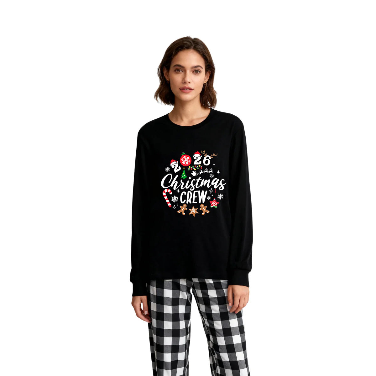 2026 Christmas Crew Making Memories Together Text Print Black Long Sleeve Top with Black And White Plaid Pants Family Matching Pajamas
