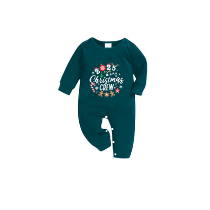 Christmas Family Matching Pajamas-Dark Green&Deer Patterned Pjs Set with "2025 Christmas Crew" Print