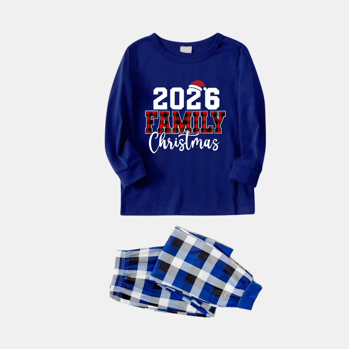 "2026 Family Christmas" Text Printed  Blue and White Plaid Family Matching Pajamas
