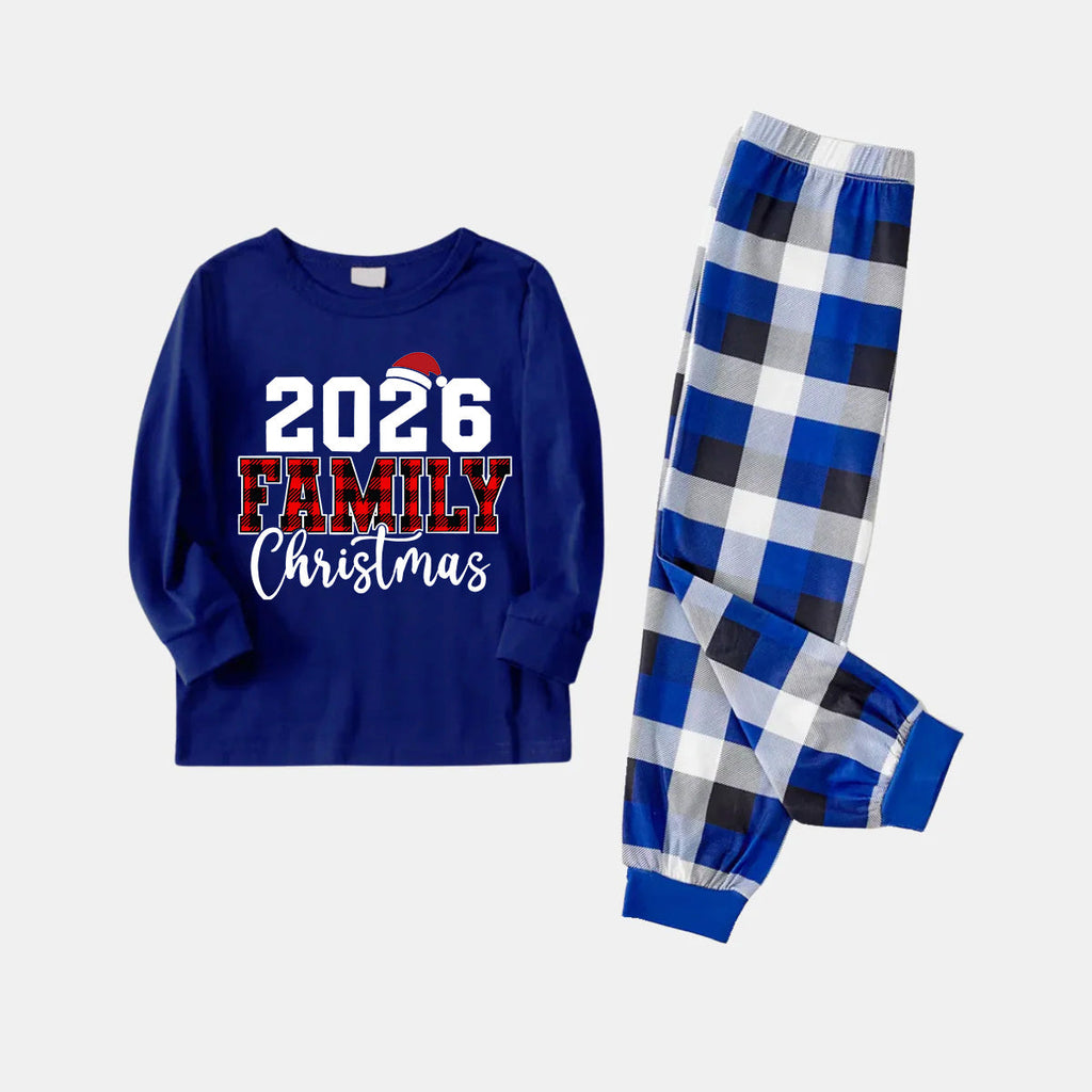 "2026 Family Christmas" Text Printed  Blue and White Plaid Family Matching Pajamas