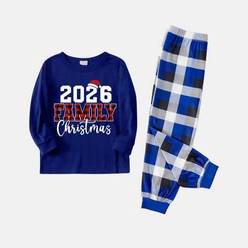 "2026 Family Christmas" Text Printed  Blue and White Plaid Family Matching Pajamas